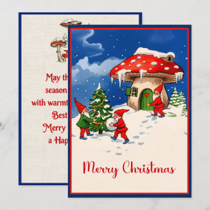 Tarjeta Festiva Gnomos y casas de hongos navideños vintage