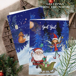 Tarjeta Festiva God Jul Whimsical Julenisse Fairy & Santa Magical