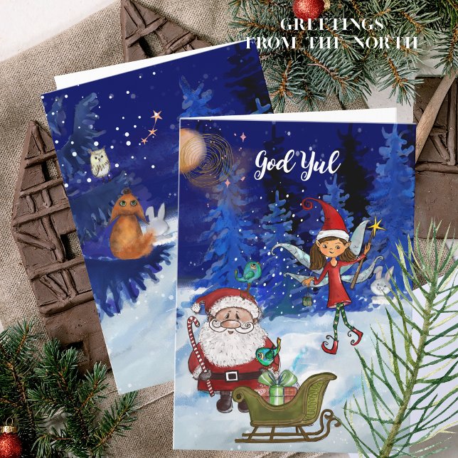 Tarjeta Festiva God Jul Whimsical Julenisse Fairy & Santa Magical (God Jul Whimsical Julenisse Fairy & Santa Magical Holiday Card)