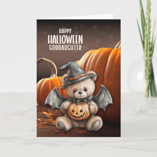 Tarjeta Festiva Goddaughter Teddy Bear Witch and Wings Halloween (Anverso)