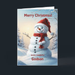 Tarjeta Festiva Godson Navidades Snowman<br><div class="desc">Escena de invierno festiva que muestra a un muñeco de nieve alegre con un gorra rojo y bufanda. Desee a su padrino una feliz Navidad con una hermosa tarjeta de muñeco de nieve.</div>