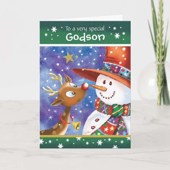 Tarjeta Festiva Godson, reno lindo y hombre de nieve (Anverso)