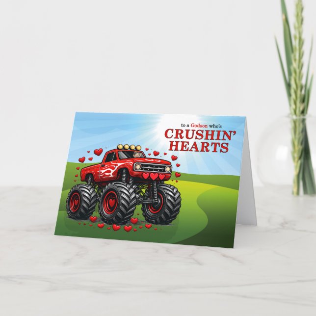Tarjeta Festiva Godson Valentine Monster Truck Crushin' Hearts (Anverso)