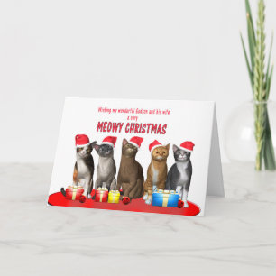 Tarjeta Festiva Godson y esposa, gatos en gorras Navidades