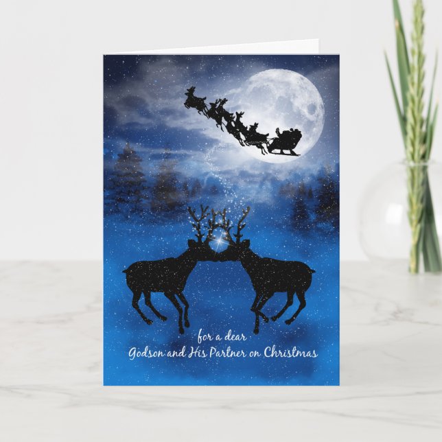 Tarjeta Festiva Godson y su pareja besando a Navidades de renos (Anverso)