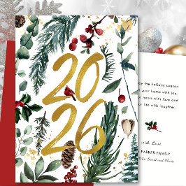Tarjeta Festiva Gold 2025 Navidades festivos Pine Bough Red Floral