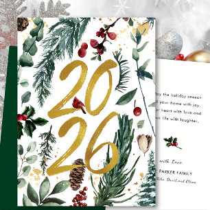 Tarjeta Festiva Gold 2025 Navidades festivos Pine Bough Red Floral