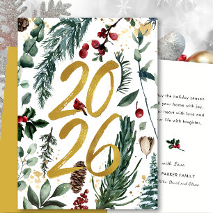 Tarjeta Festiva Gold 2025 Navidades festivos Pine Bough Red Floral
