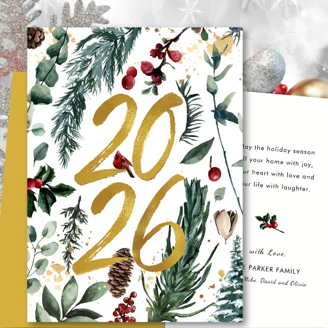 Tarjeta Festiva Gold 2025 Navidades festivos Pine Bough Red Floral (Subido por el creador)