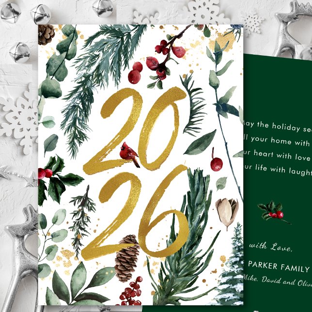 Tarjeta Festiva Gold 2025 Navidades festivos Pine Bough Red Floral (Subido por el creador)