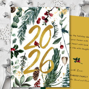 Tarjeta Festiva Gold 2025 Navidades festivos Pine Bough Red Floral