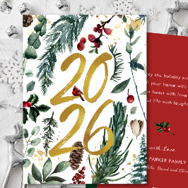Tarjeta Festiva Gold 2025 Navidades festivos Pine Bough Red Floral