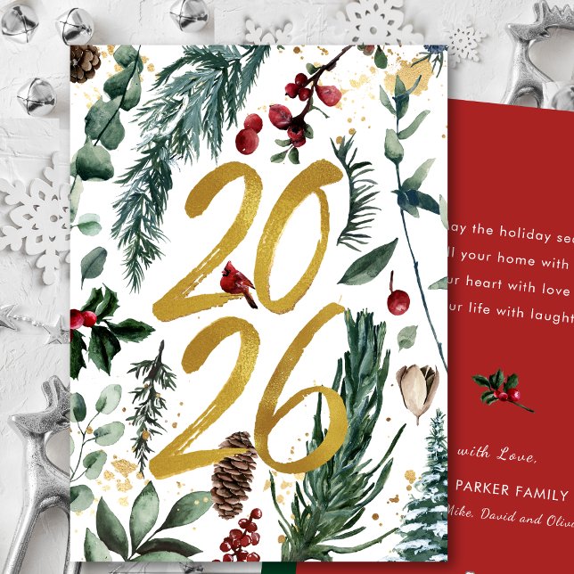 Tarjeta Festiva Gold 2025 Navidades festivos Pine Bough Red Floral (Subido por el creador)