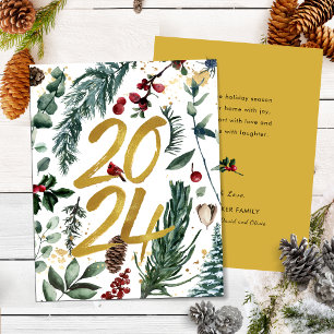 Tarjeta Festiva Gold 2025 Navidades festivos Pine Bough Red Floral