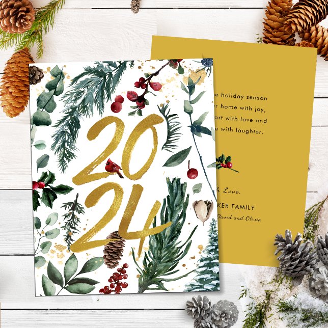 Tarjeta Festiva Gold 2025 Navidades festivos Pine Bough Red Floral (Subido por el creador)
