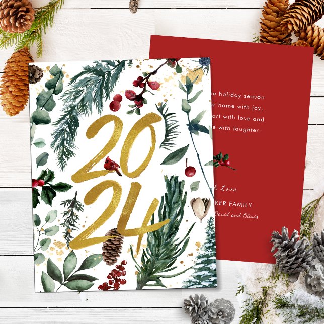 Tarjeta Festiva Gold 2025 Navidades festivos Pine Bough Red Floral (Subido por el creador)