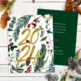 Tarjeta Festiva Gold 2025 Navidades festivos Pine Bough Red Floral