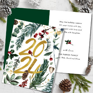 Tarjeta Festiva Gold 2025 Navidades festivos Pine Bough Red Floral