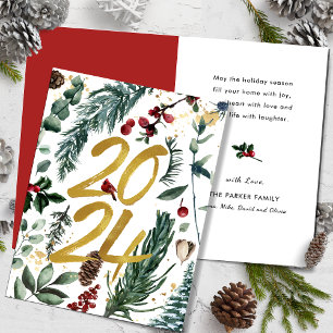 Tarjeta Festiva Gold 2025 Navidades festivos Pine Bough Red Floral