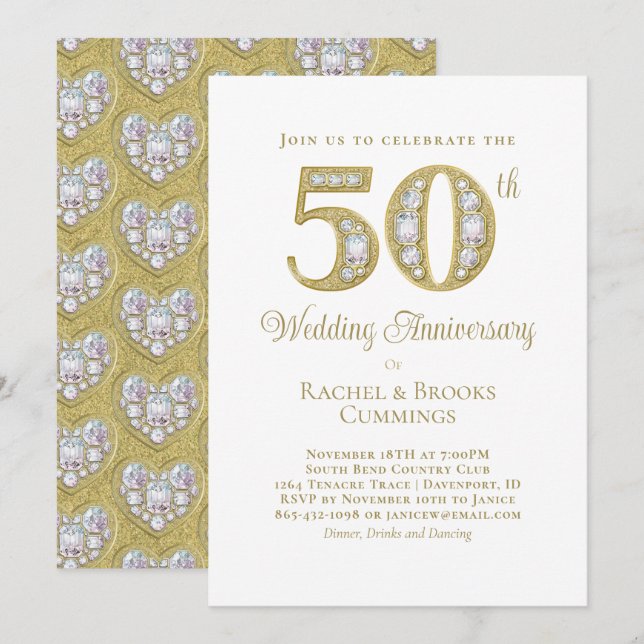 Tarjeta Festiva Gold 50th Anniversary Party Invitation (Anverso / Reverso)