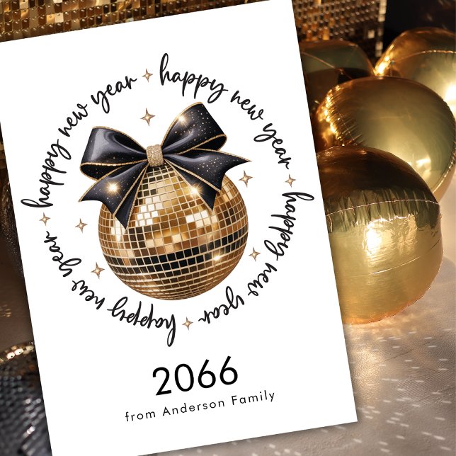Tarjeta Festiva Gold Ball Black Bow Happy New Year 2026 Non Photo (Subido por el creador)