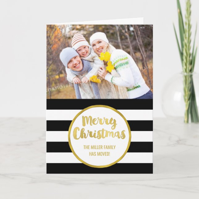 Tarjeta Festiva Gold Black Strips Merry Christmas New Address (Anverso)