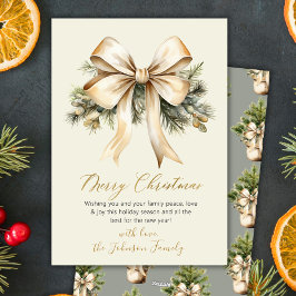 Tarjeta Festiva Gold Bow Watercolor Christmas Foliage Beige