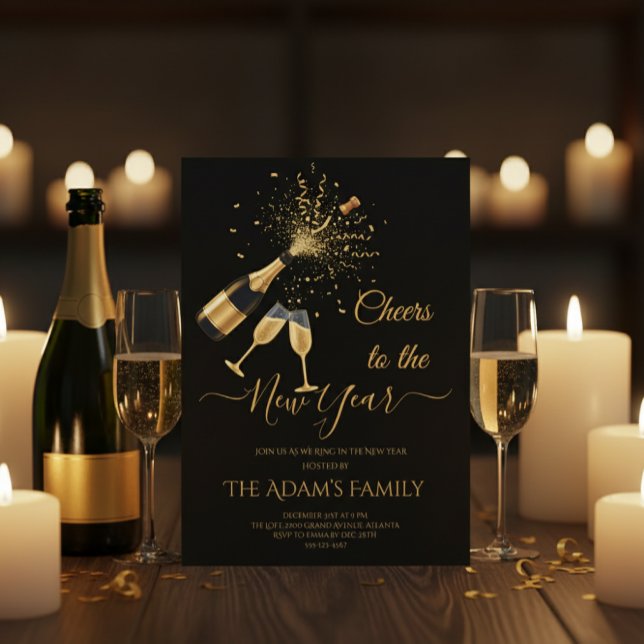 Tarjeta Festiva  Gold Champagne Cheers New Year Party Invitation (Subido por el creador)