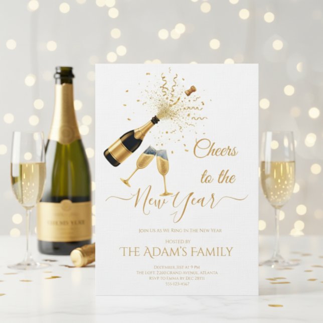Tarjeta Festiva  Gold Champagne Cheers New Year Party Invitation (Subido por el creador)
