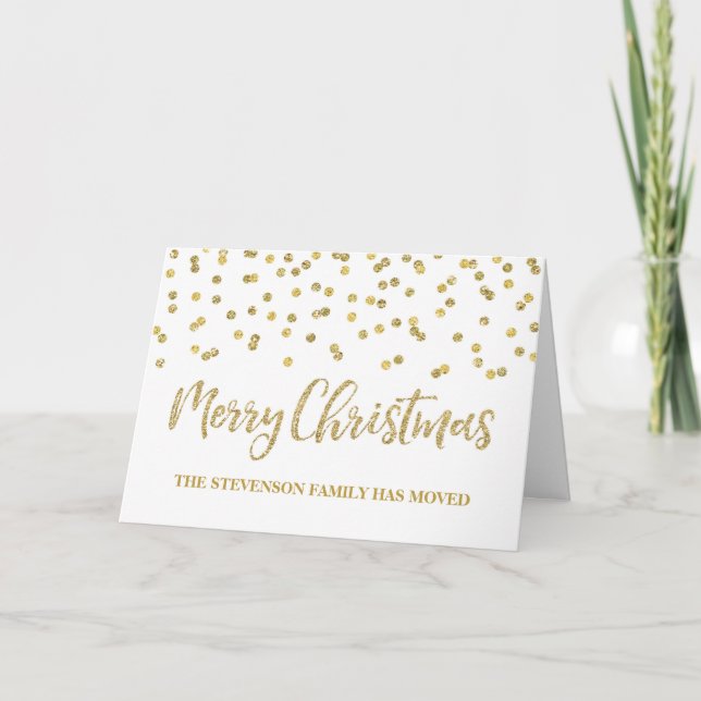 Tarjeta Festiva Gold Confetti Merry Christmas New Address (Anverso)