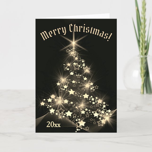Tarjeta Festiva Gold Elegance Shinning Stars on Christmas Tree   (Anverso)