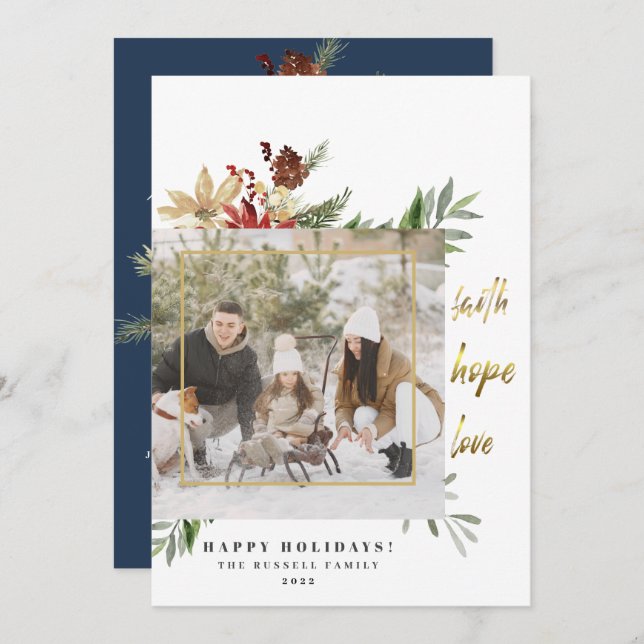 Tarjeta Festiva Gold Faith Hope Love a dos Navidades de foto azul (Anverso / Reverso)