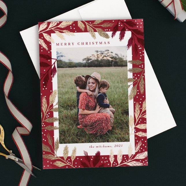 Tarjeta Festiva Gold Foil Branches 3 Photo Christmas (Elegant gold branch frame 3 photo christmas holiday card.)