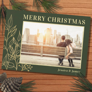 Tarjeta Festiva Gold Foliage Green Photo Merry Christmas
