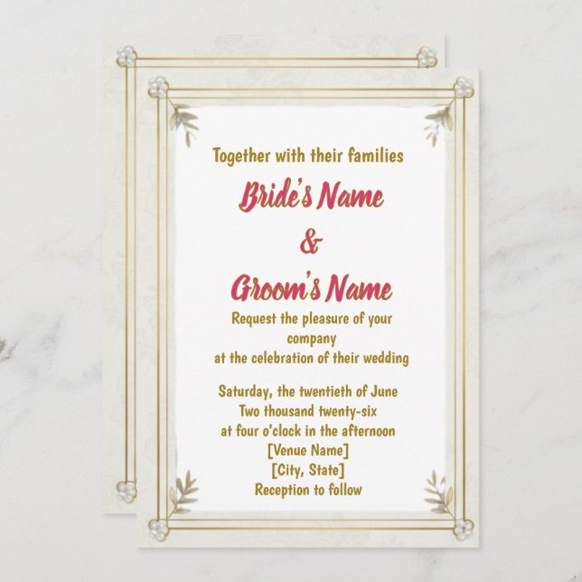 Tarjeta Festiva Gold Frame Pearl Floral Wedding Invitation (Anverso / Reverso)