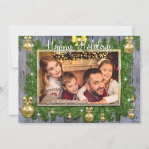 Tarjeta Festiva Gold Frame Pine Boughs Wood Christmas Photo