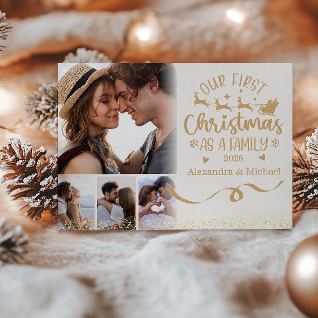 Tarjeta Festiva Gold Glitter 4 Photo First Christmas as a Family  (Subido por el creador)