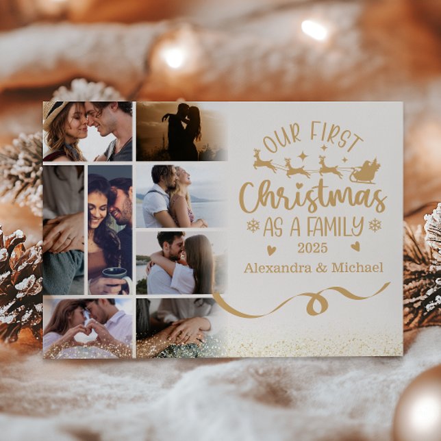 Tarjeta Festiva Gold Glitter 8 Photo First Christmas as a Family (Subido por el creador)