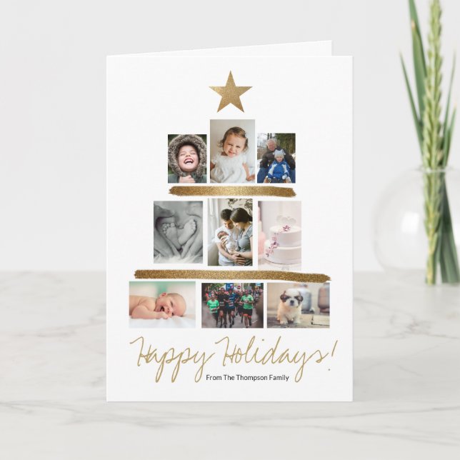 Tarjeta Festiva Gold Glitter Holiday Tree Multi Photo Christmas (Anverso)