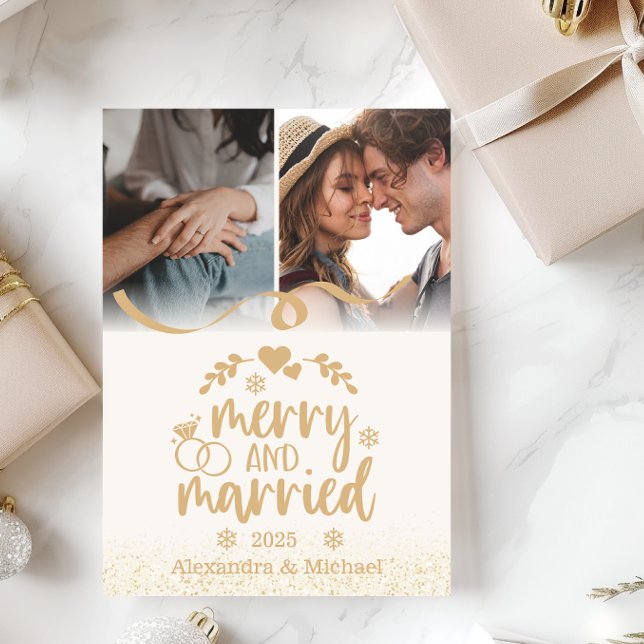 Tarjeta Festiva Gold Glitter Merry and Married 2 Photo  (Subido por el creador)