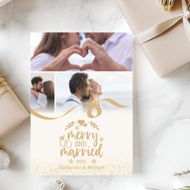 Tarjeta Festiva Gold Glitter Merry and Married 3 Photo (Subido por el creador)
