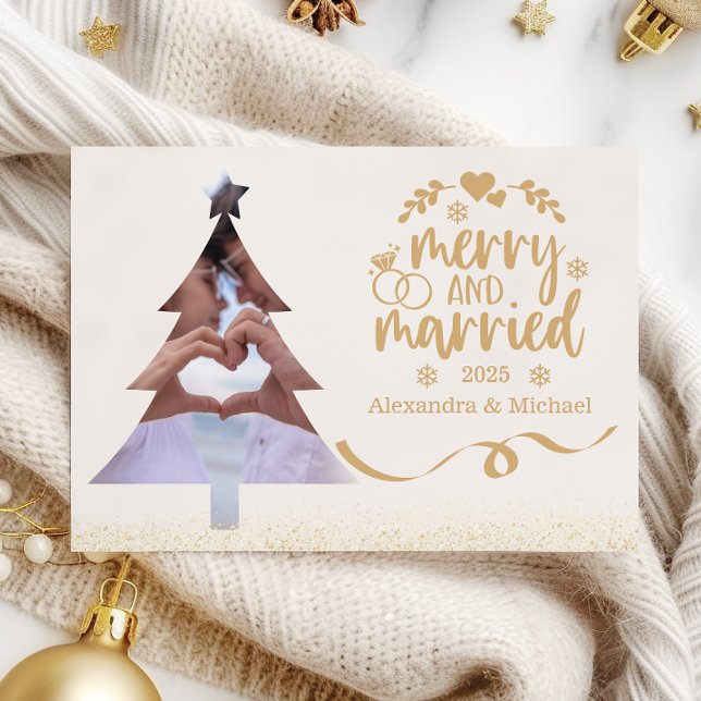 Tarjeta Festiva Gold Glitter Tree Photo Merry & Married  (Subido por el creador)
