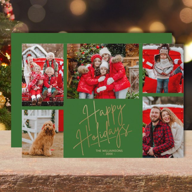 Tarjeta Festiva Gold Happy Holidays Five Photos Green (Gold Happy Holidays five photos on green flat greeting cards)