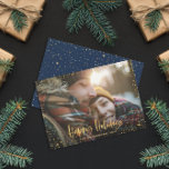 Tarjeta Festiva Gold happy holidays stars photo holiday card<br><div class="desc">Gold happy holidays stars 1 photo  Christmas holiday card. With a script text and gold effect design,  navy blue back ground color can be change to suit your style.</div>