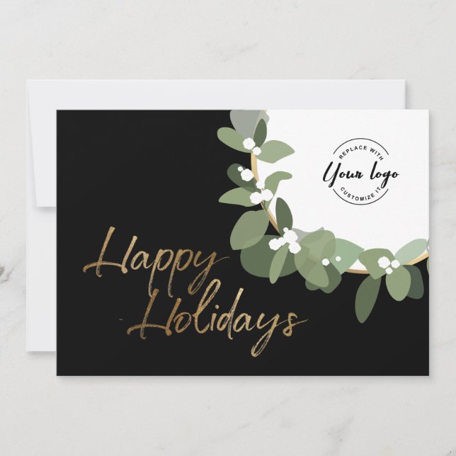 Tarjeta Festiva Gold Happy Holidays Wreath Personalizado negocios (Anverso)