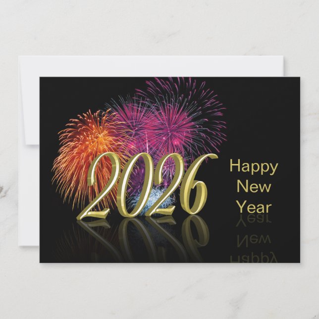 Tarjeta Festiva Gold Happy New Year 2026 Fireworks (Anverso)