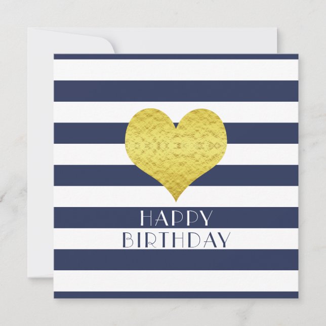 Tarjeta Festiva Gold Heart Blue Stripes Feliz cumpleaños (Anverso)