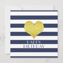 Tarjeta Festiva Gold Heart Blue Stripes Feliz cumpleaños