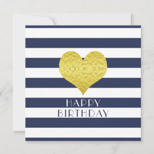 Tarjeta Festiva Gold Heart Blue Stripes Feliz cumpleaños