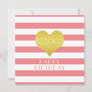 Tarjeta Festiva Gold Heart Pink White Stripes Feliz cumpleaños